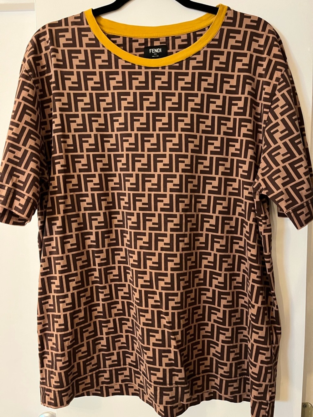 Fendi Brown Allover FF Logo Short Sleeve Tee with Yellow Neckline
